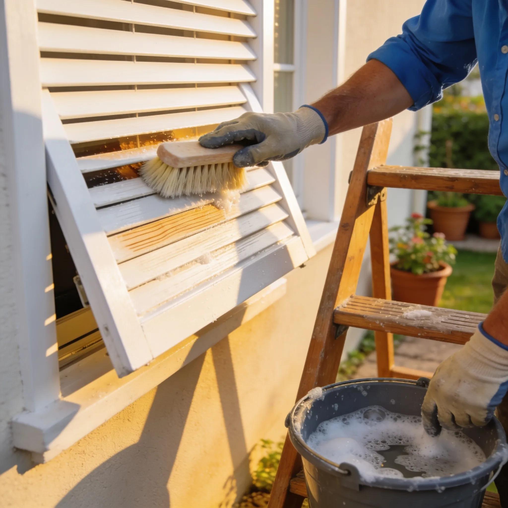 Homeowner cleaning exterior shutters as part of maintenance practices