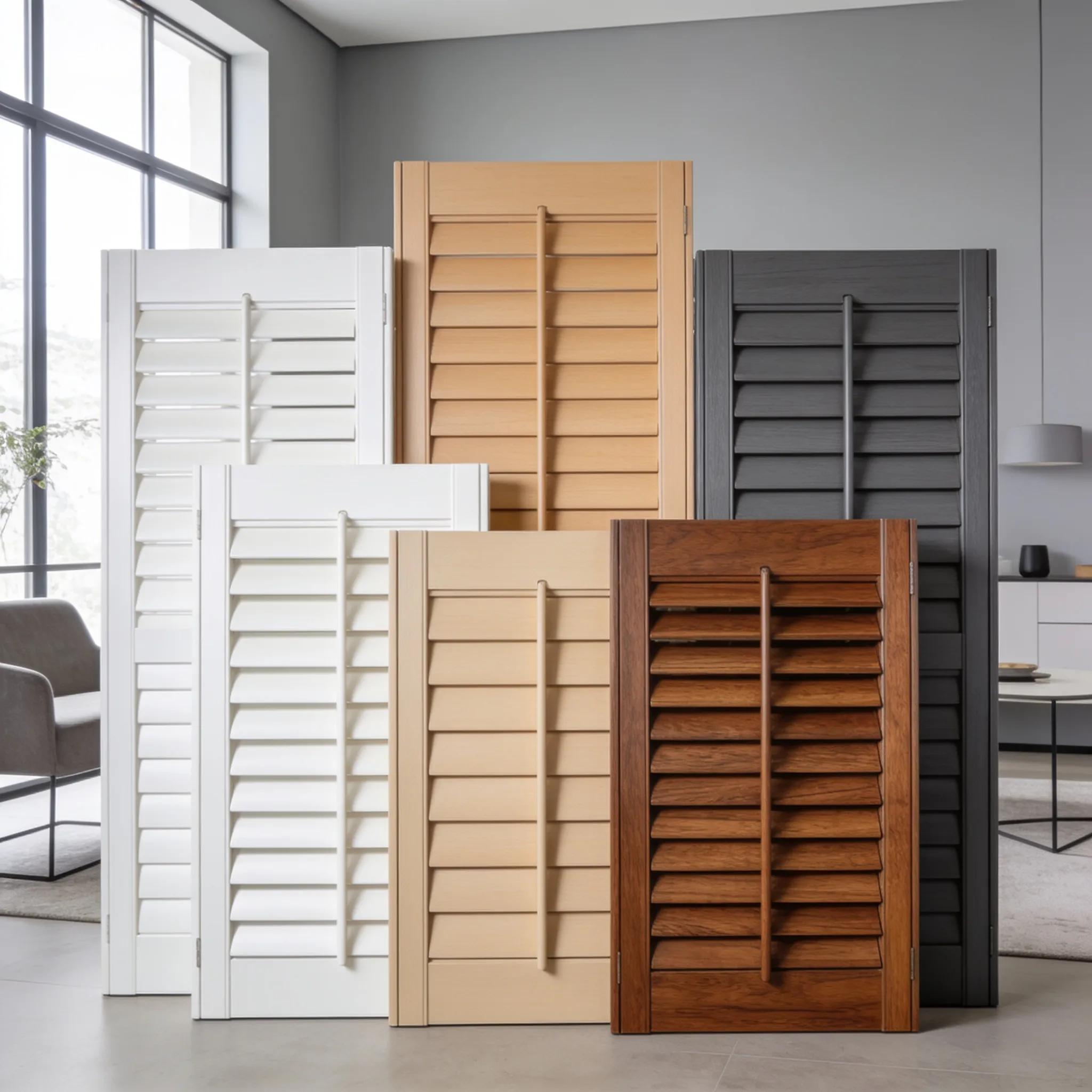 Assorted vinyl and composite shutters, showcasing diverse colors and aesthetic options for interior spaces