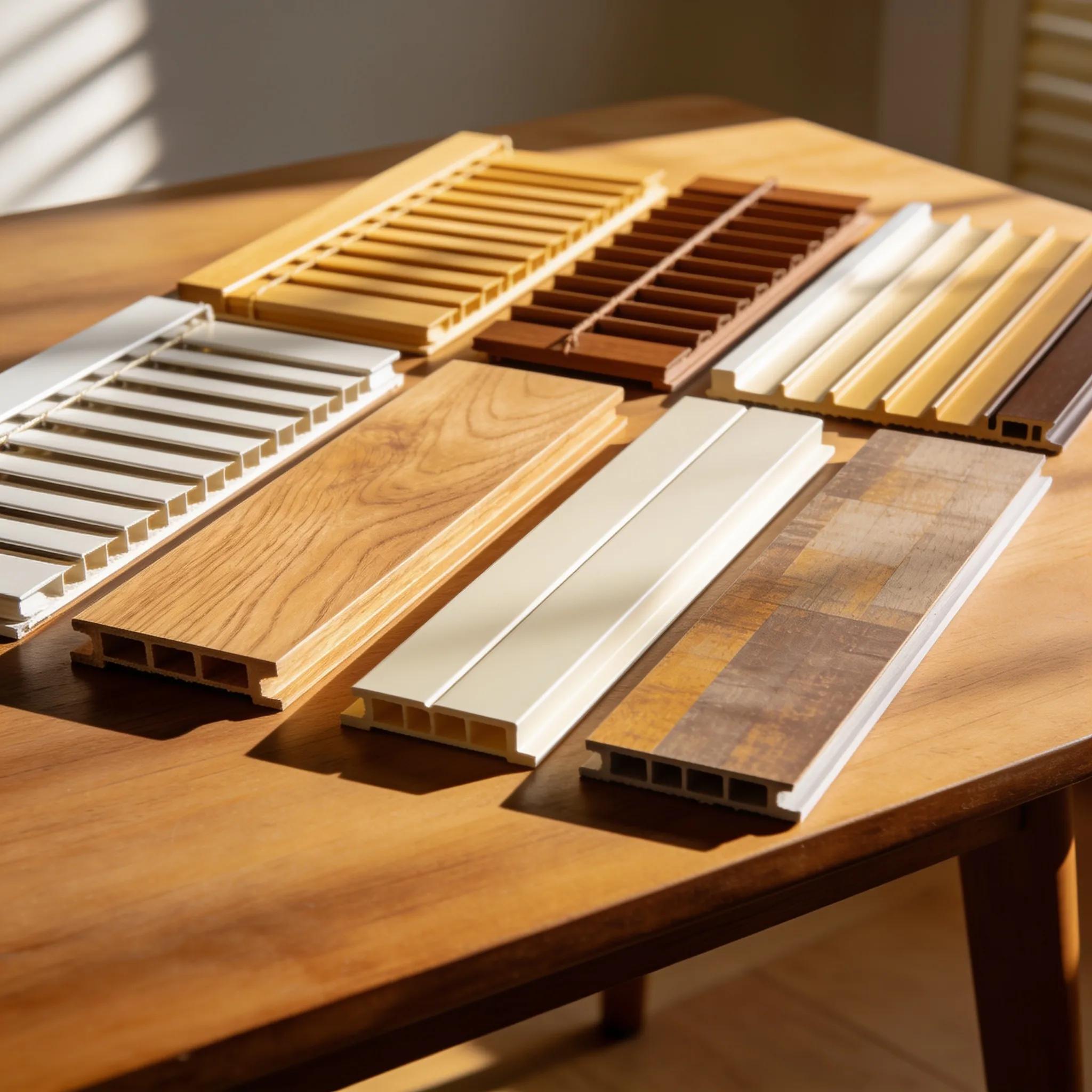 Samples of wood, vinyl, and composite materials for custom plantation shutters illustrating features and textures