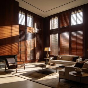 Elegant living room with custom plantation shutters enhancing natural light control and interior design
