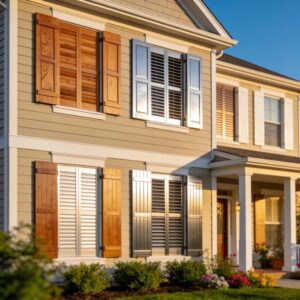 Diverse shutter styles on a charming home exterior, showcasing wood, aluminum, and vinyl materials