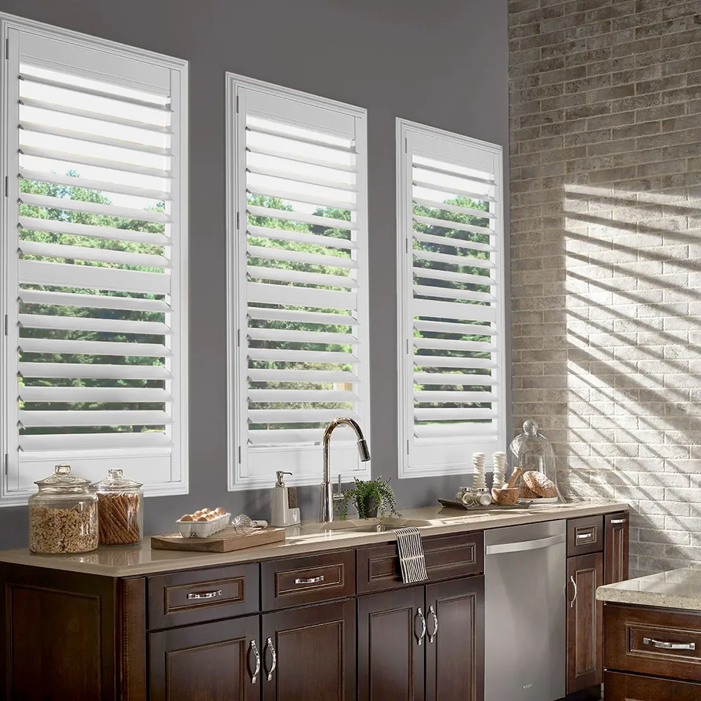 Variety of plantation shutter materials including wood, composite, and vinyl displayed for selection