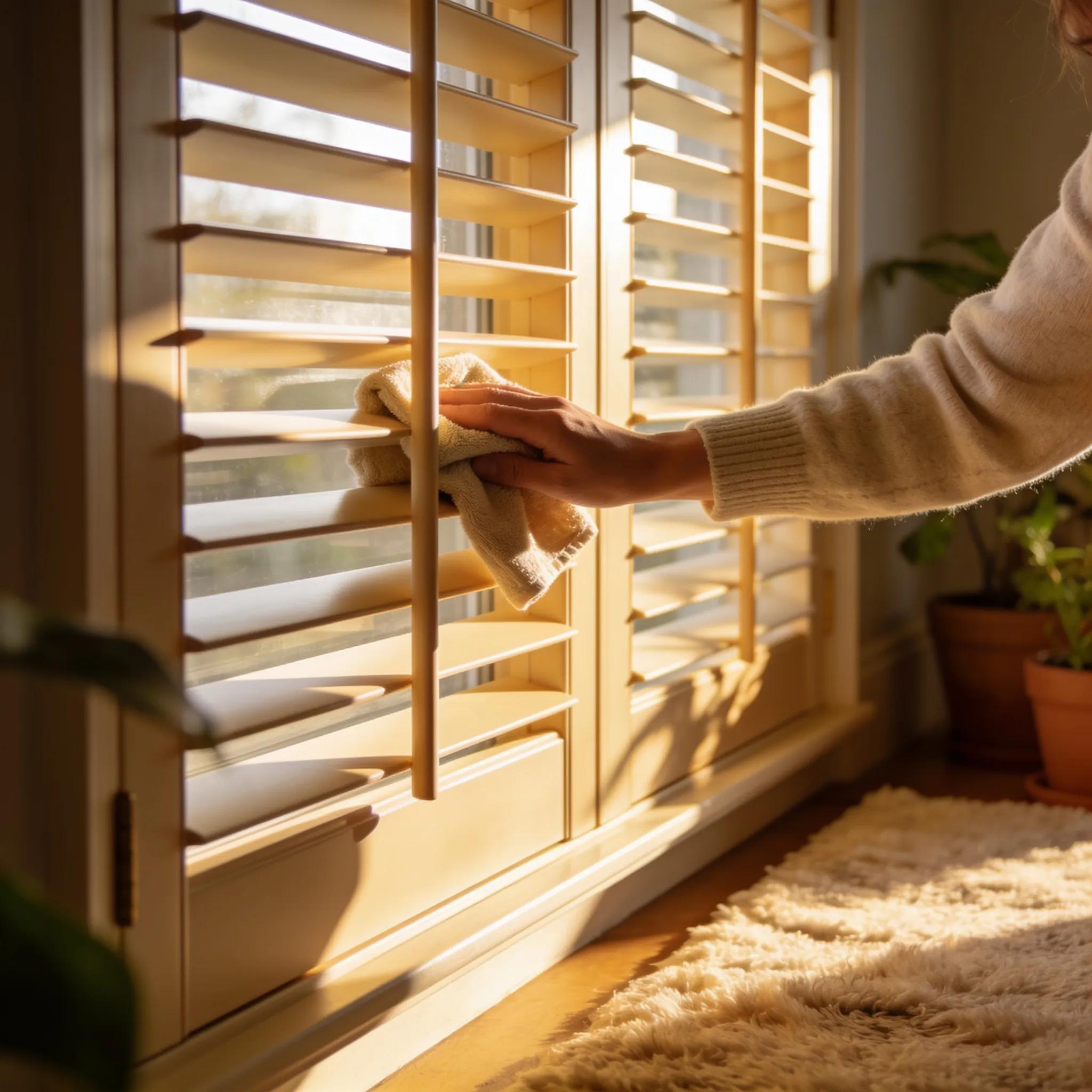 Individual maintaining plantation shutters to preserve their appearance and enhance lifespan