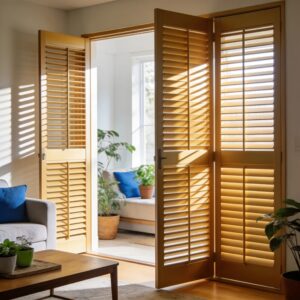 Composite plantation shutters installed in a bright, welcoming room