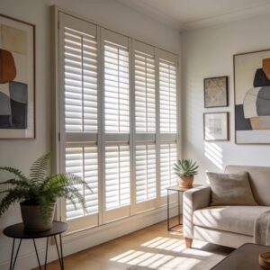 Stylish living room with plantation shutters showcasing light control and decor enhancement