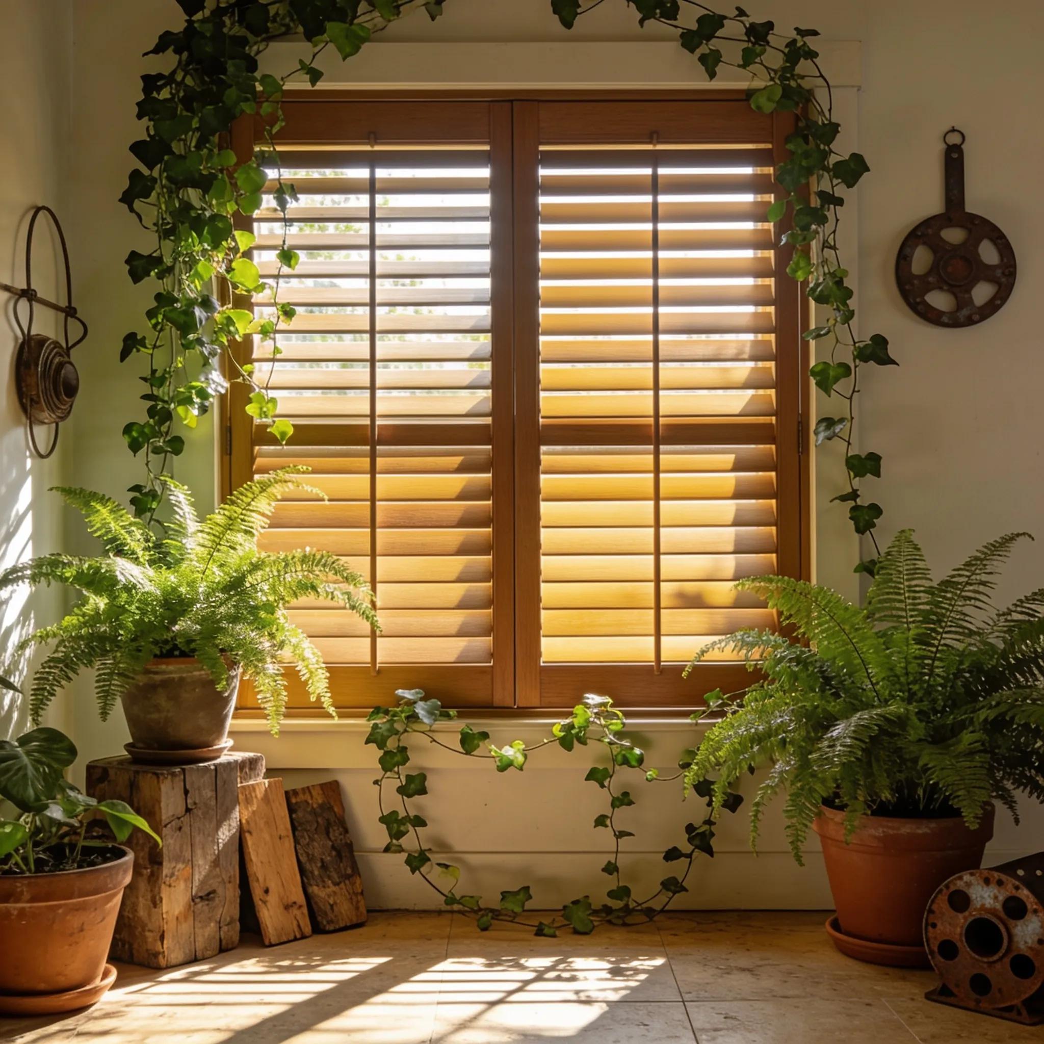 Eco-friendly composite plantation shutters surrounded by green plants and recycled materials