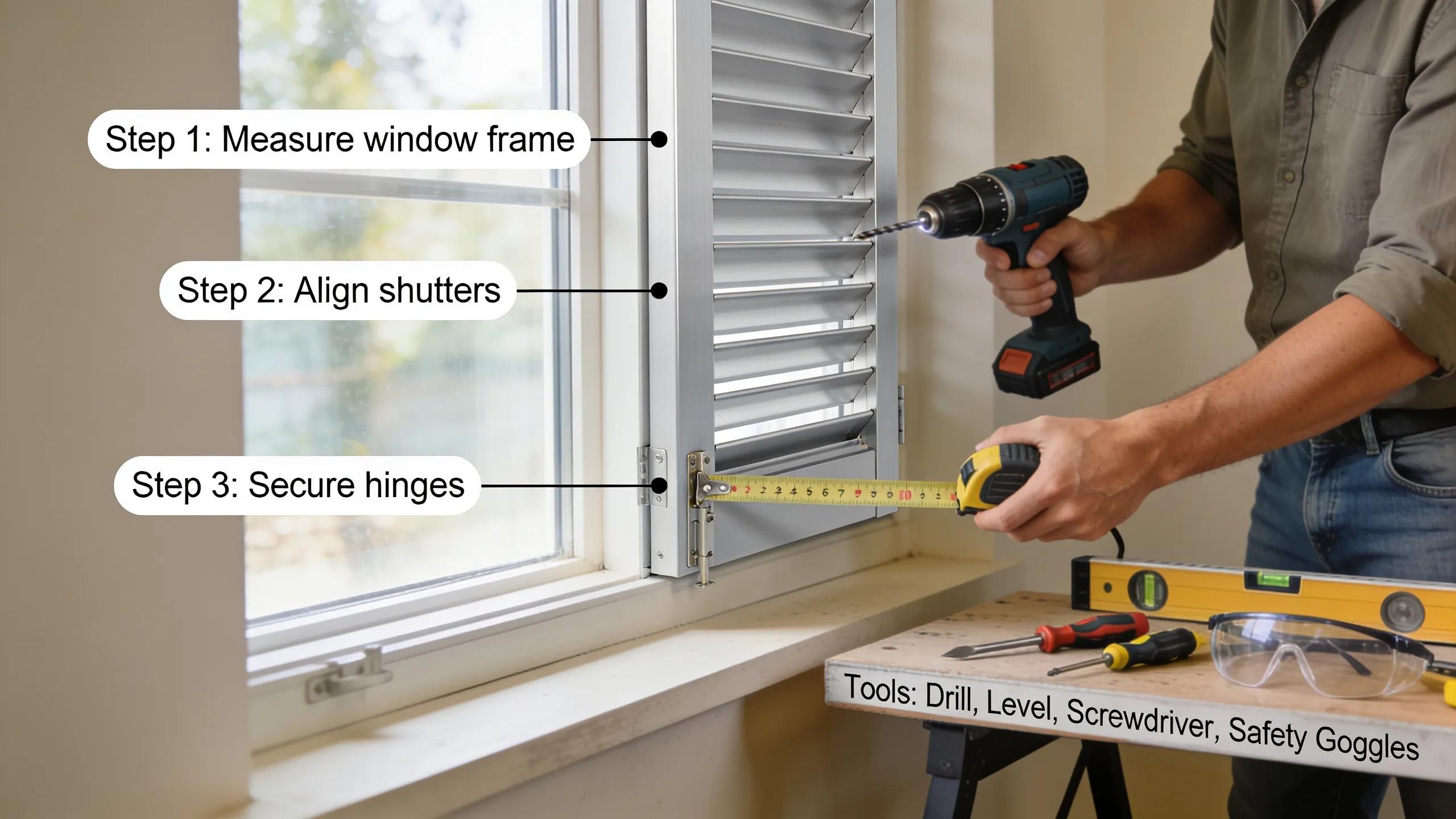 Individual installing aluminum reinforced plantation shutters, demonstrating DIY installation methods and tools