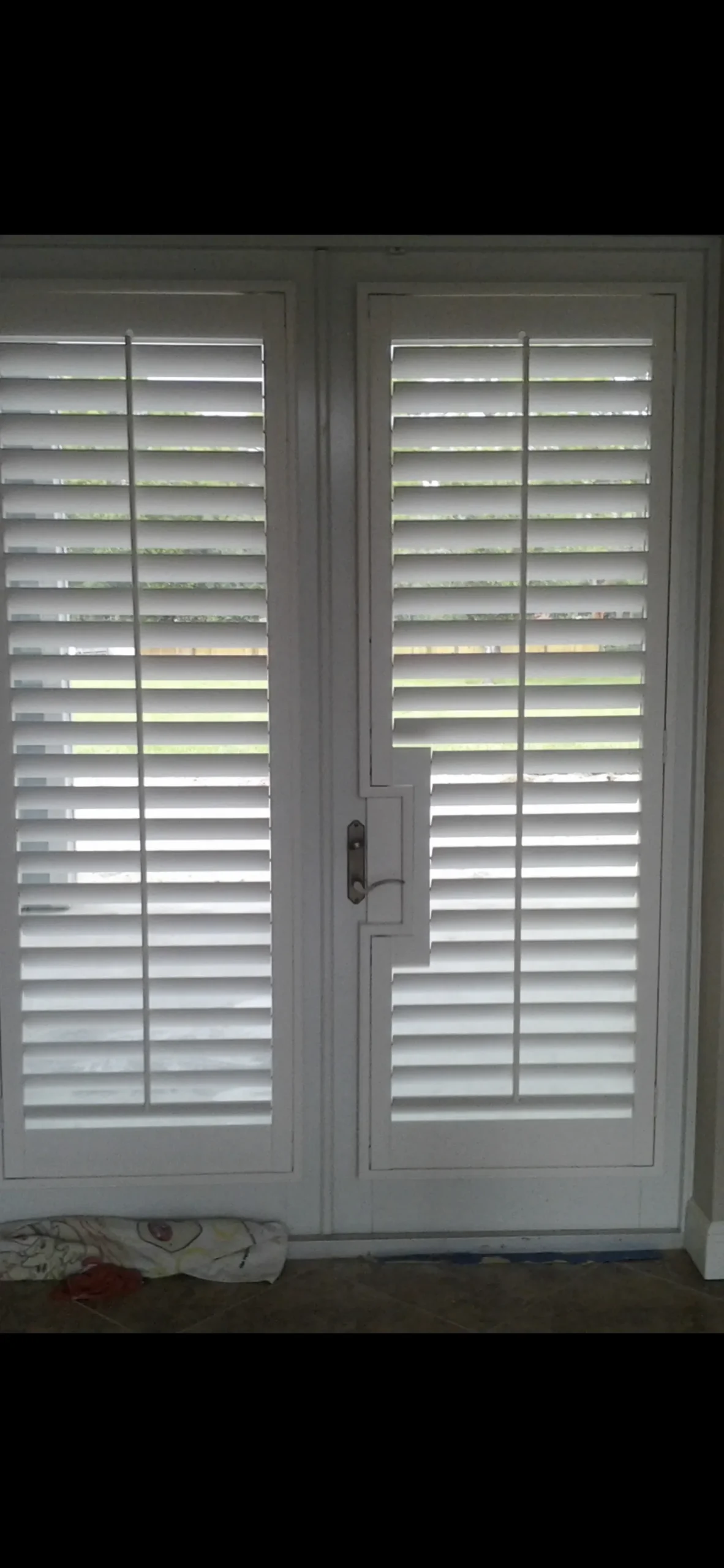 White plantation shutters on French doors demonstrating energy-efficient window treatments.