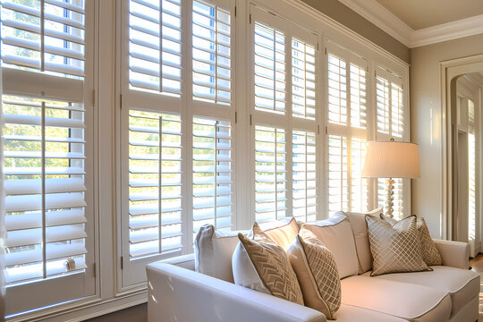 Custom plantation shutters enhancing living room style and comfort.