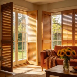 Beautiful living room with plantation shutters emphasizing stylish window treatment