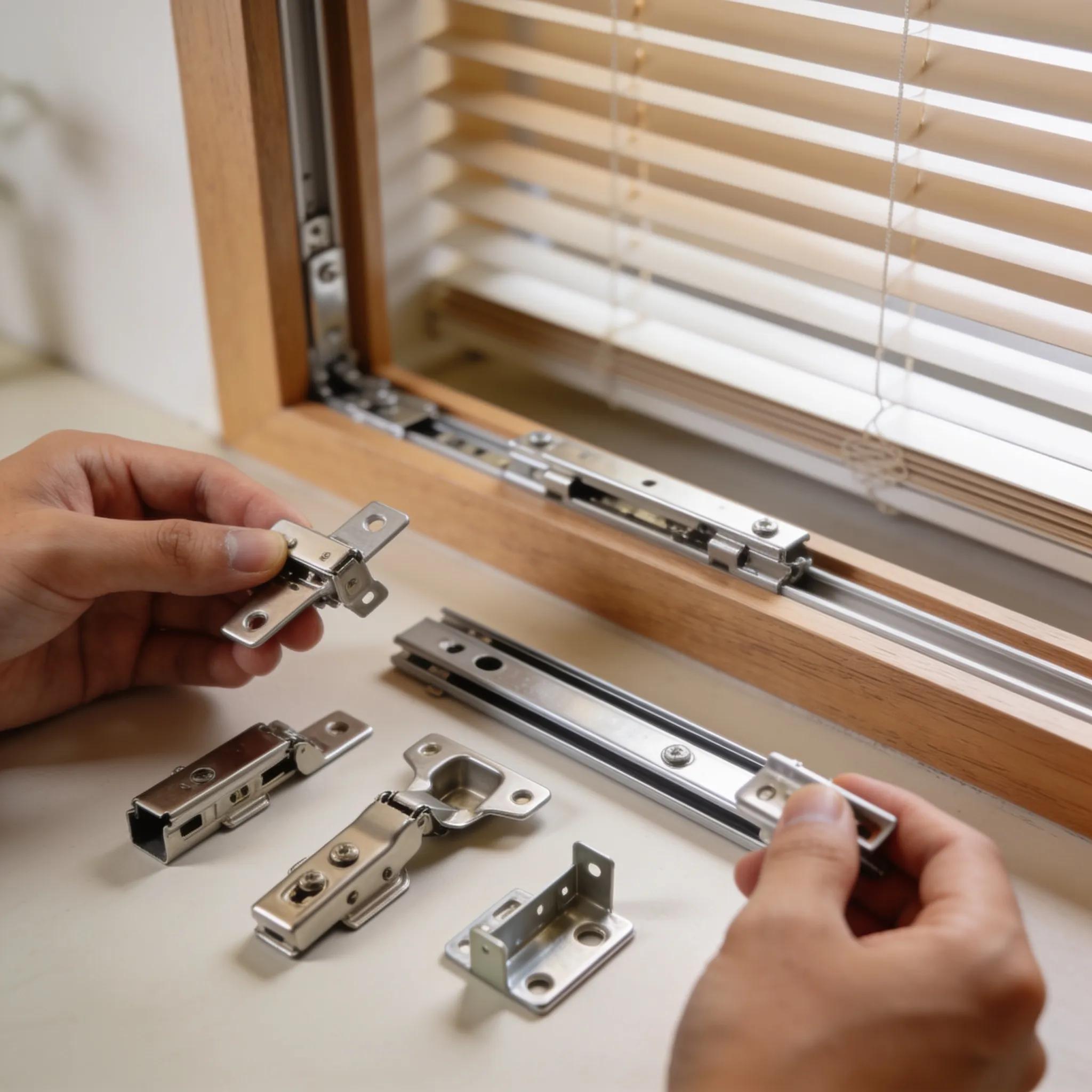 Hands assembling interior shutter hardware components, displaying hinges and tracks for installation
