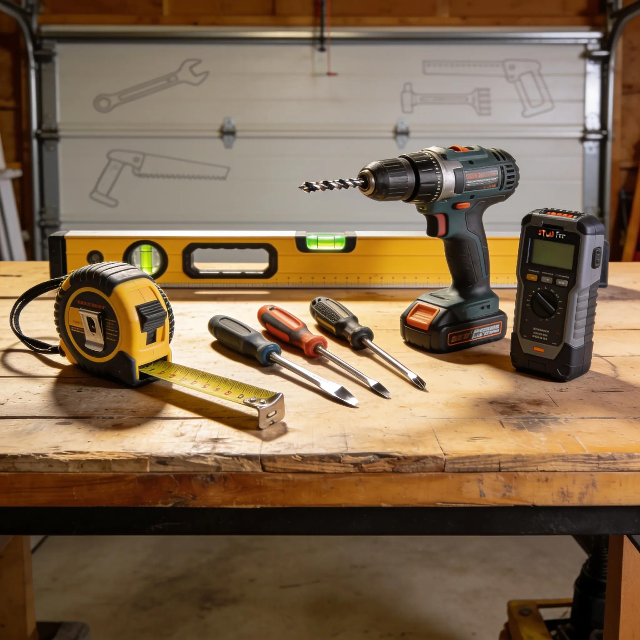 Essential tools for shutter installation including measuring tape, drill, and screwdrivers presented on a workshop bench