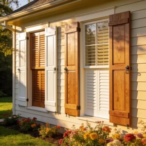 A charming home with beautifully installed wooden and vinyl window shutters highlighting the shutter installation process