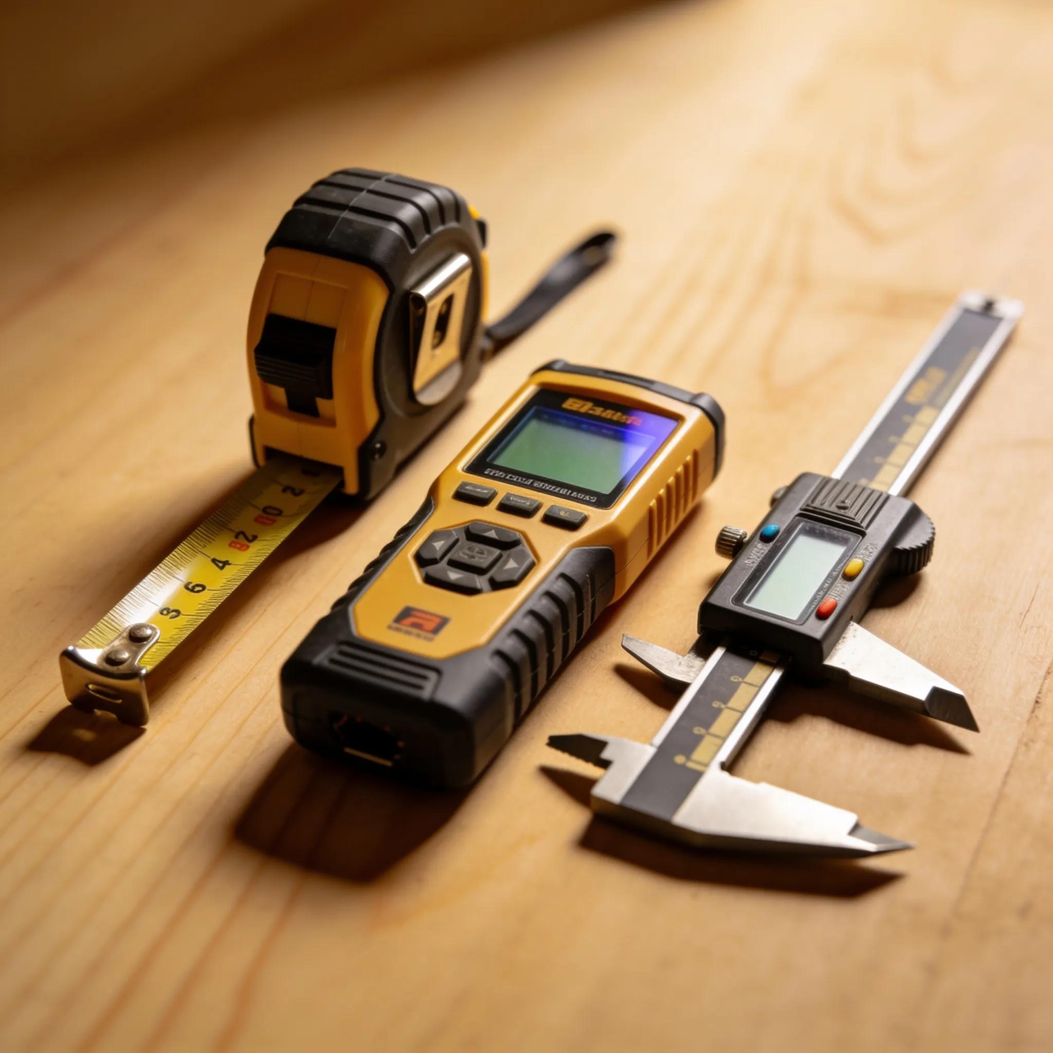 Essential measuring tools for window shutter measurement displayed on a wooden surface, highlighting accuracy and precision