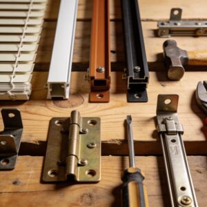 Variety of shutter hardware showcased on a workbench for a home improvement guide