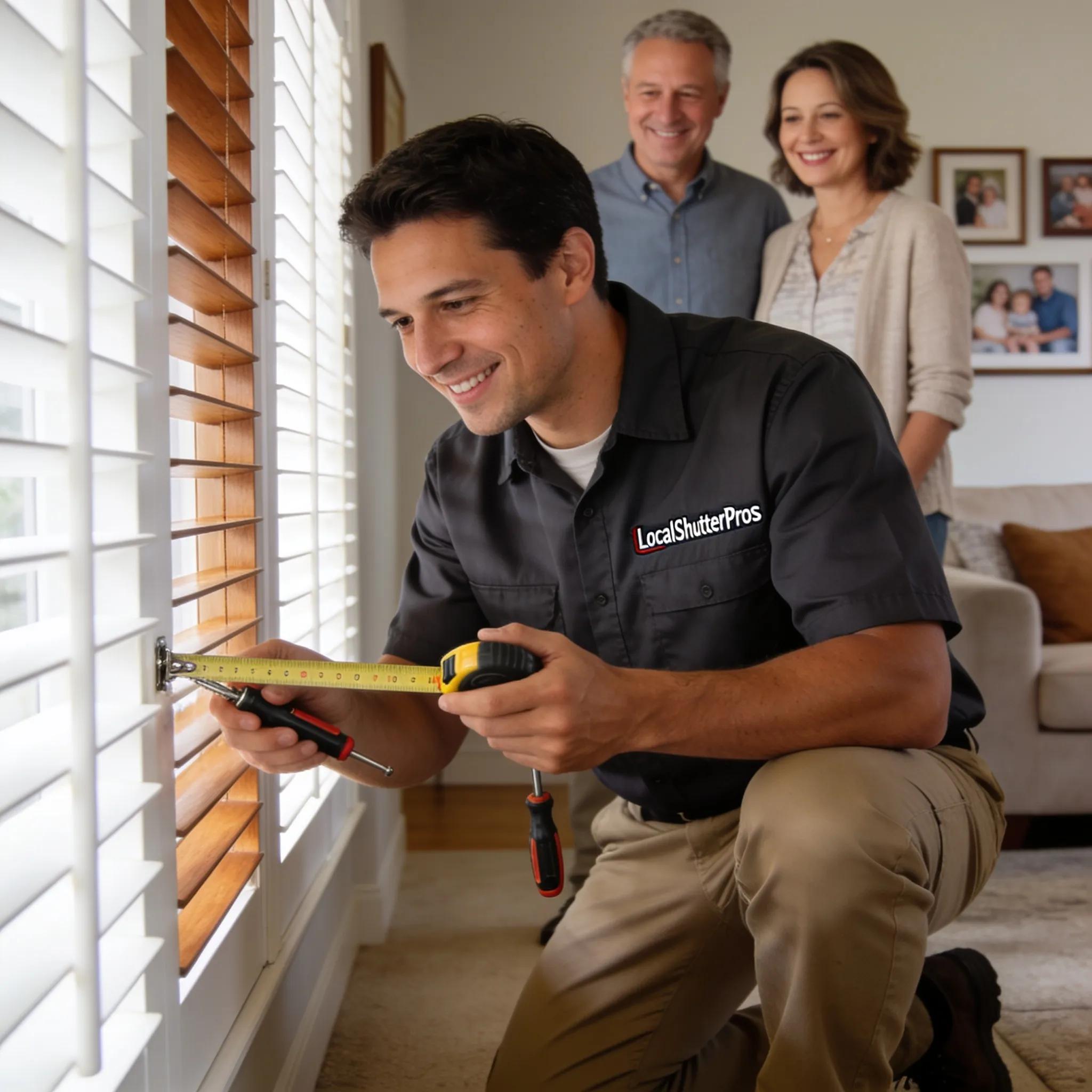 Local technician providing plantation shutter inspection showcasing community trust