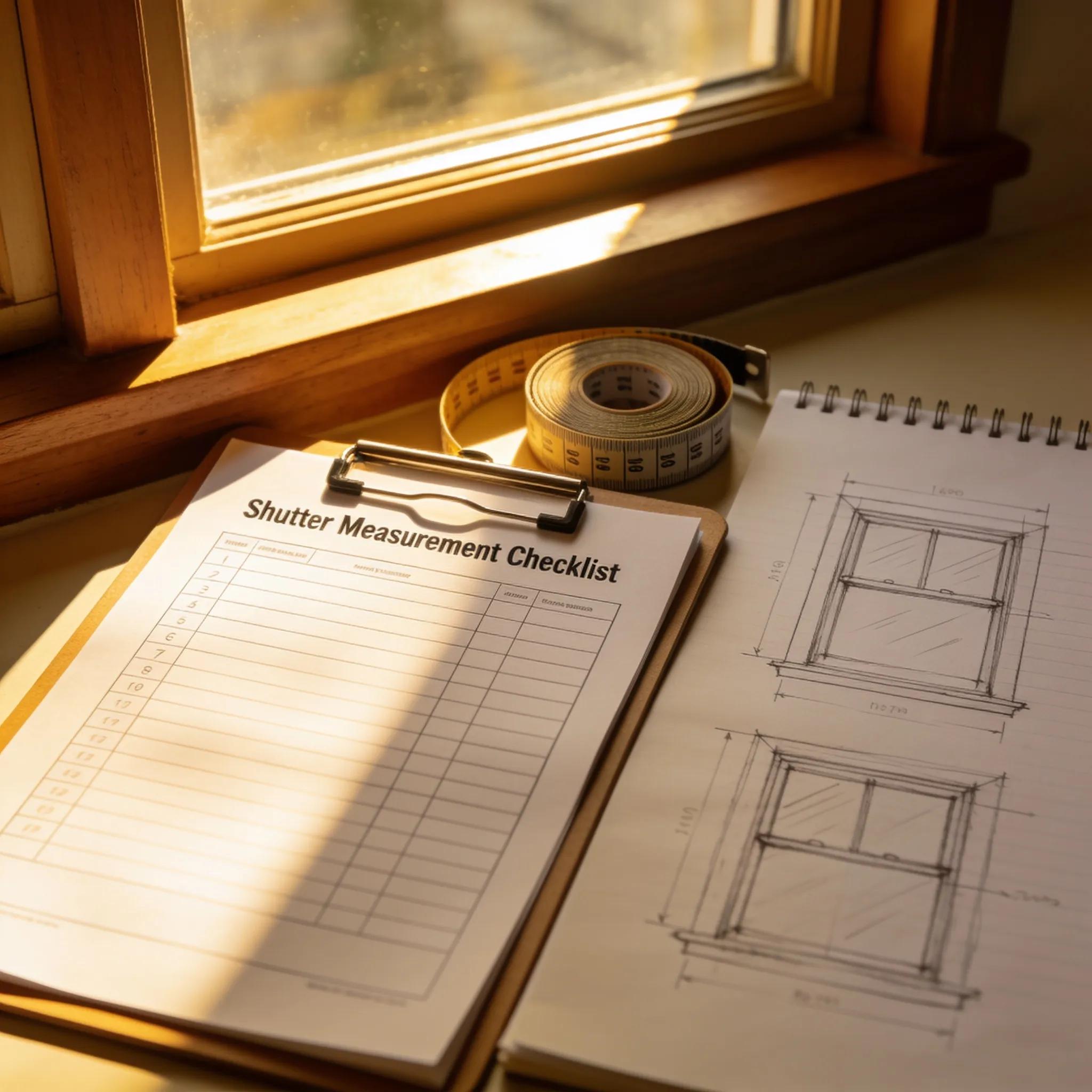 Measuring checklist, measuring tape, and notepad with sketches displayed against a well-lit window, emphasizing shutter sizing preparation
