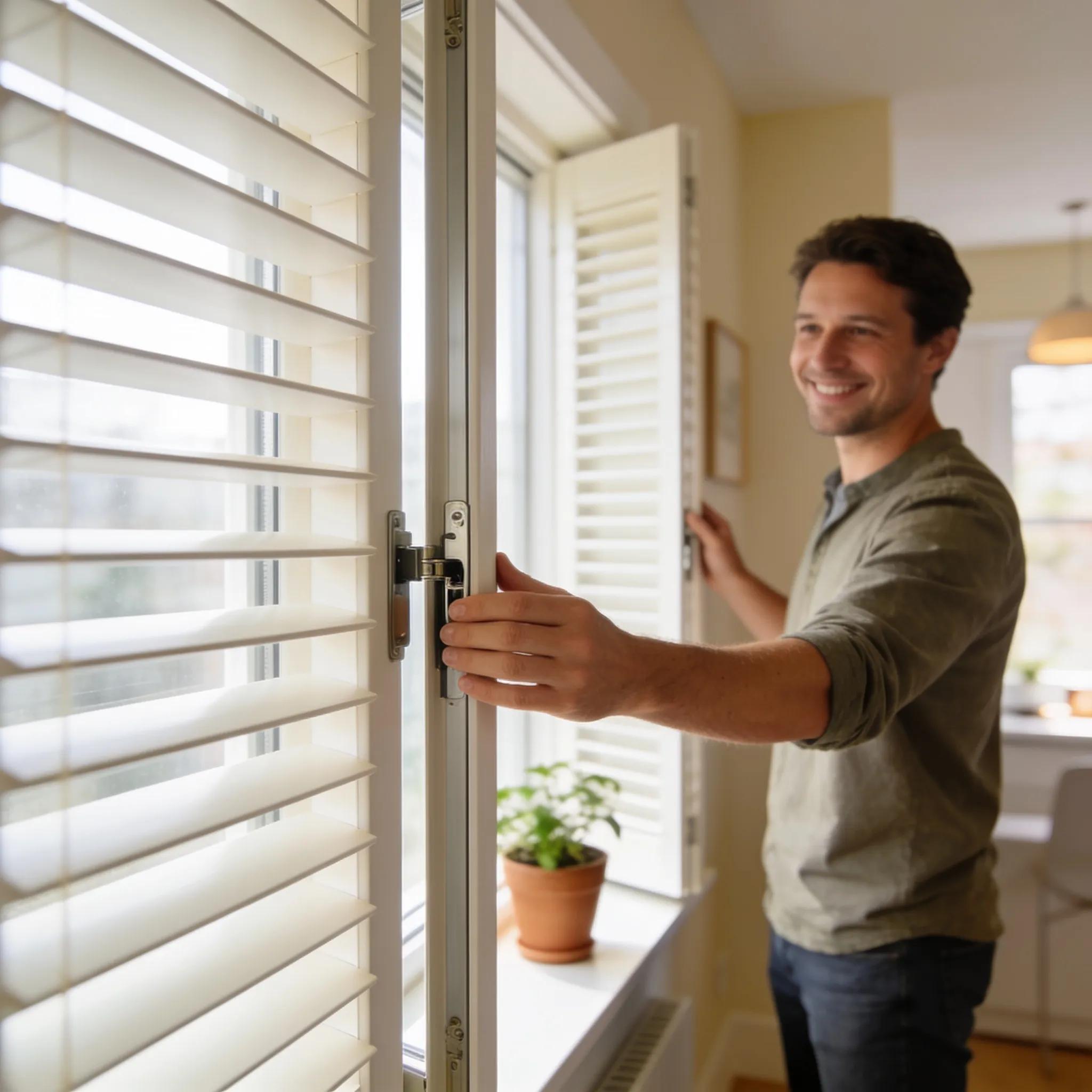A homeowner performing post-installation checks on newly installed window shutters to ensure proper functionality