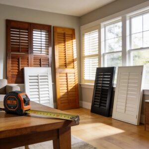 Collection of various window shutters in a well-decorated living room featuring measuring tools, reflecting the theme of shutter measurement