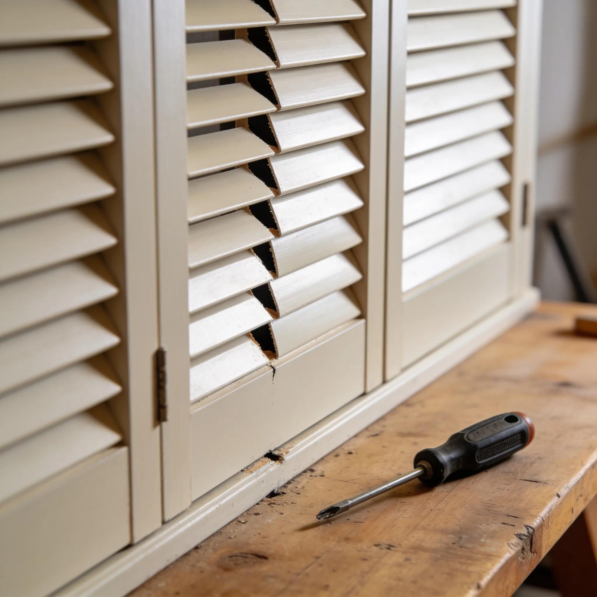 Close-up view of plantation shutters with alignment issues showcasing gaps between louvers