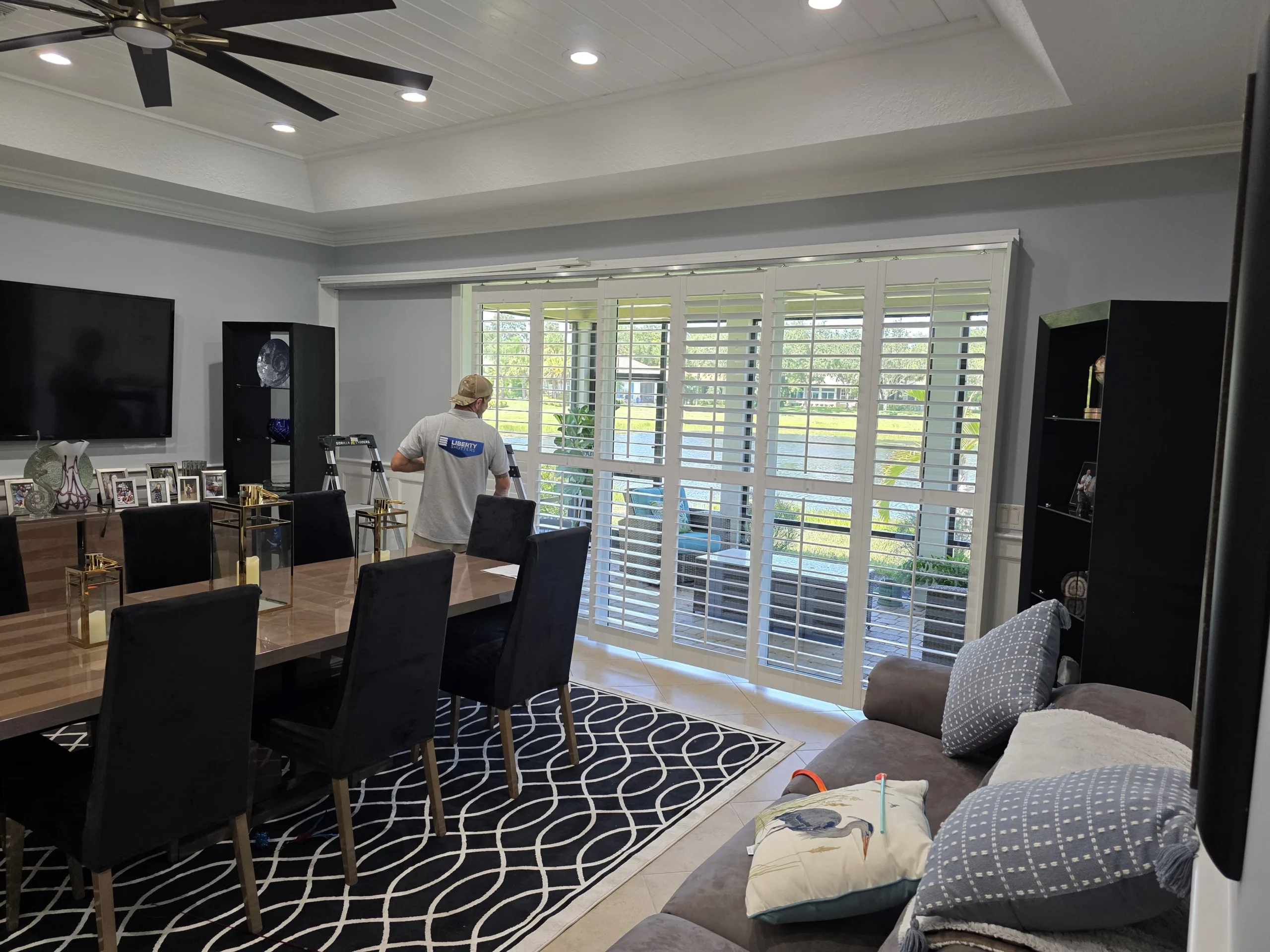Custom white plantation shutters installed by Liberty Shutters