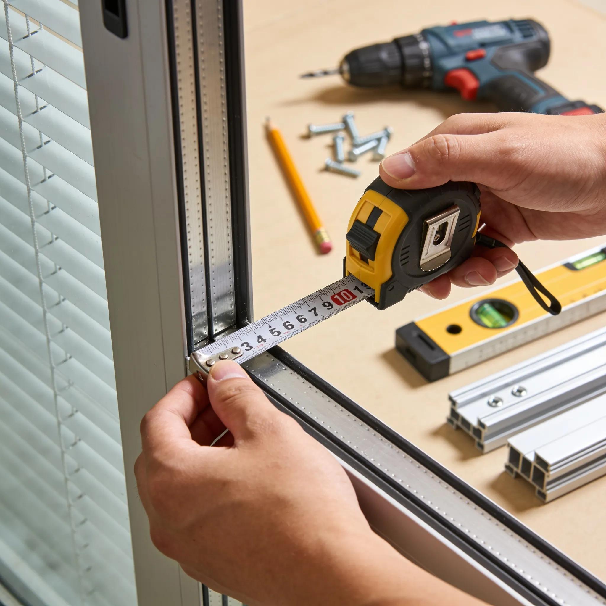 Measuring sliding glass door frame with tape measure for plantation shutters installation.