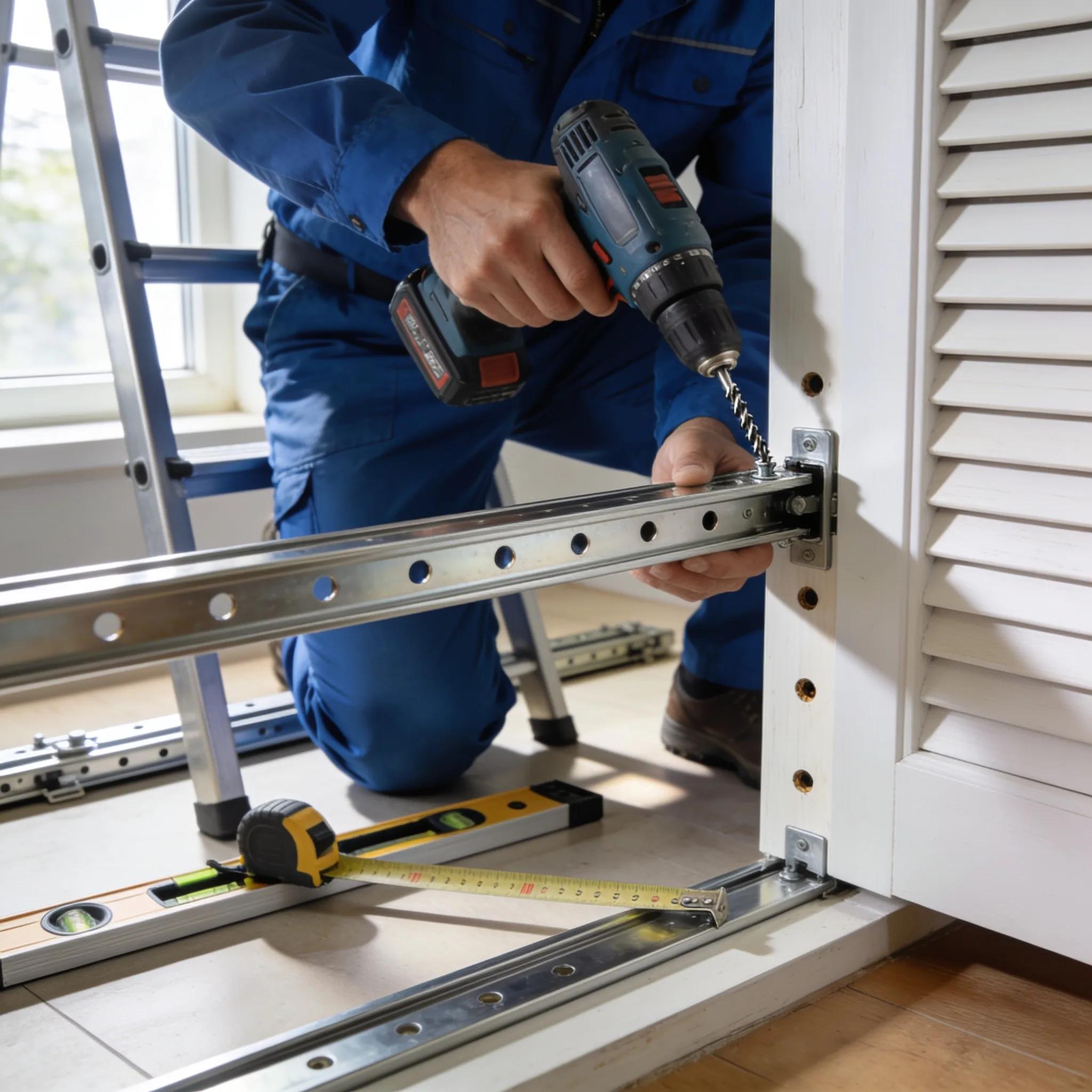 Professional installing sliding shutter door hardware, emphasizing proper technique and tools