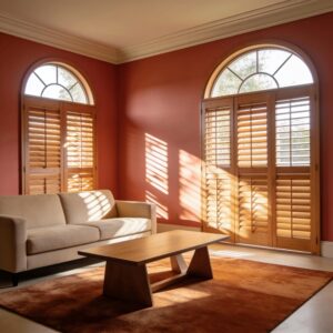 Arched windows with custom plantation shutters and interior design details
