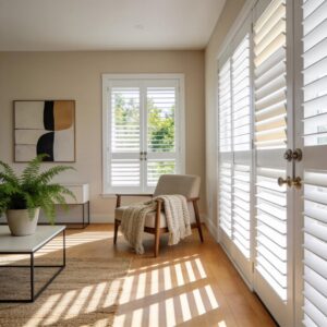 Stylish window shutters installed in a modern home, illustrating the appeal and functionality of certified shutter services