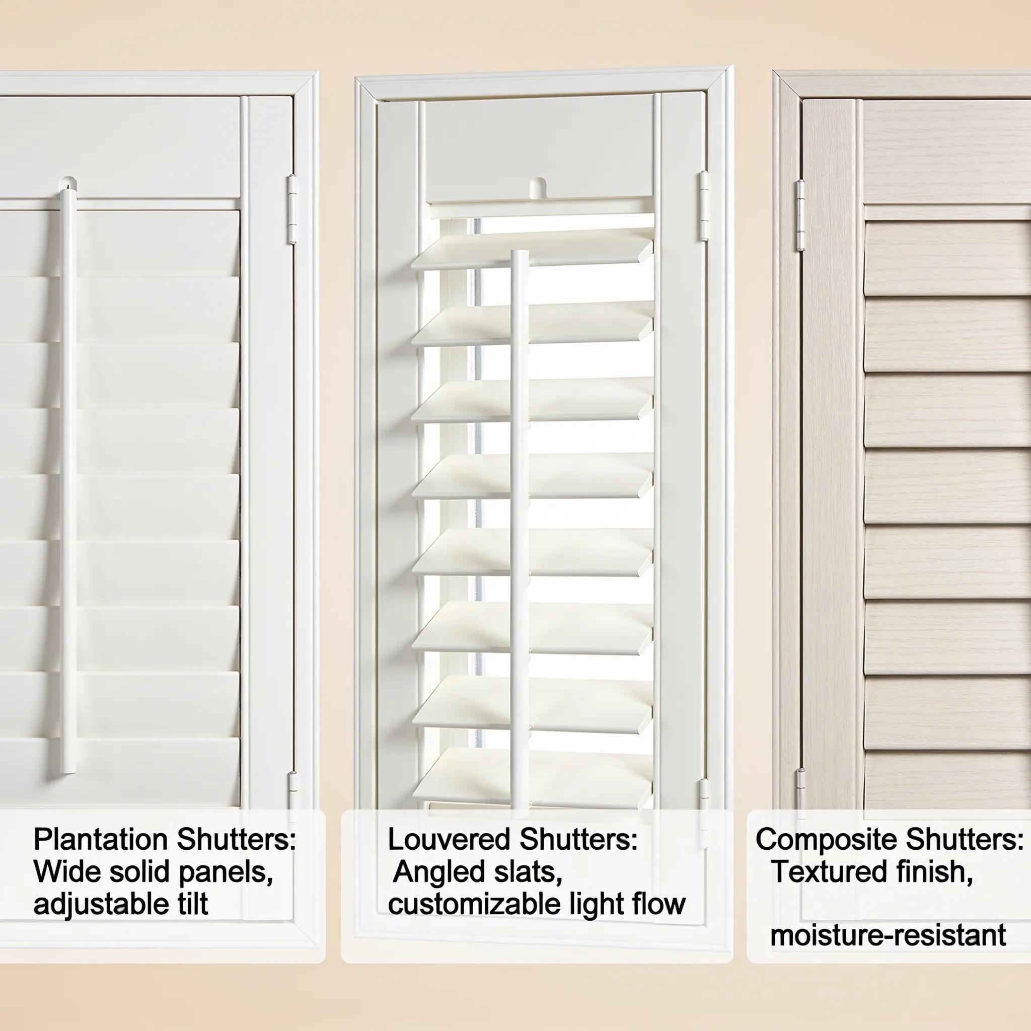 Different types of window shutters displayed, showcasing styles available for custom installation, including plantation and composite designs